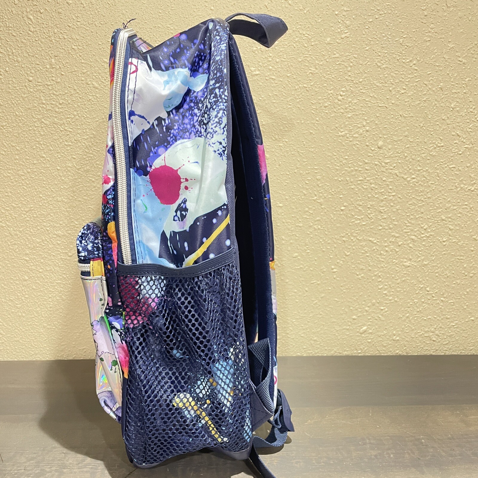 Justice Colorful Backpack School Bag Blue Silver splash Paint mesh pockets NWT