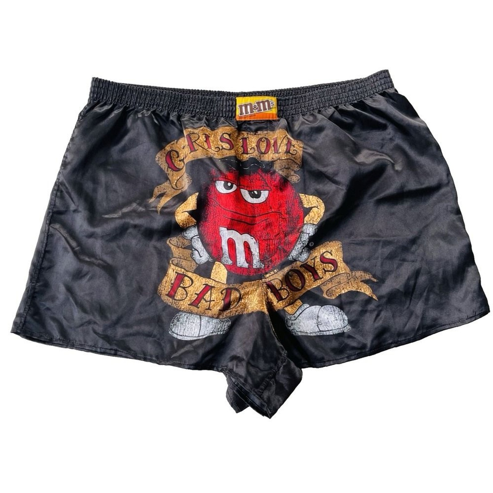 Vintage M&M’s Boxer Shorts XXL 44-46 Black Satin Candy Print Lounge Sleepwear