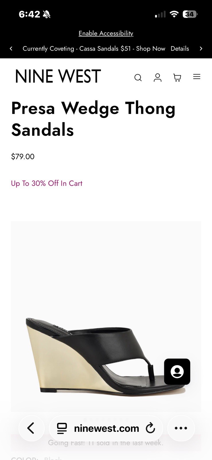 Nine West Women’s Black/Gold Leather Wedge Slide Sandals Open Toe 8.5 M