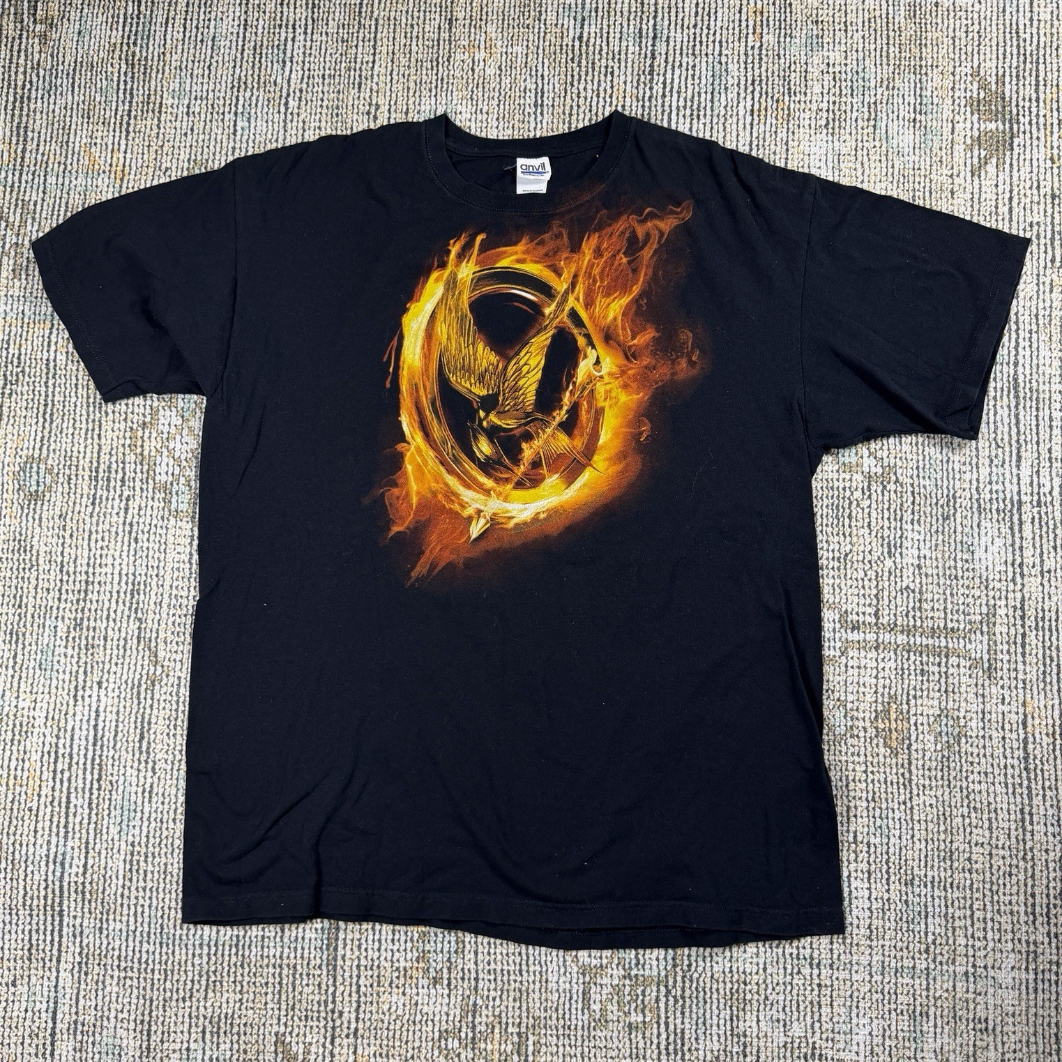 Anvil Men’s Black Hunger Games Mockingjay Graphic Crew Neck Cotton Knit Tee XL