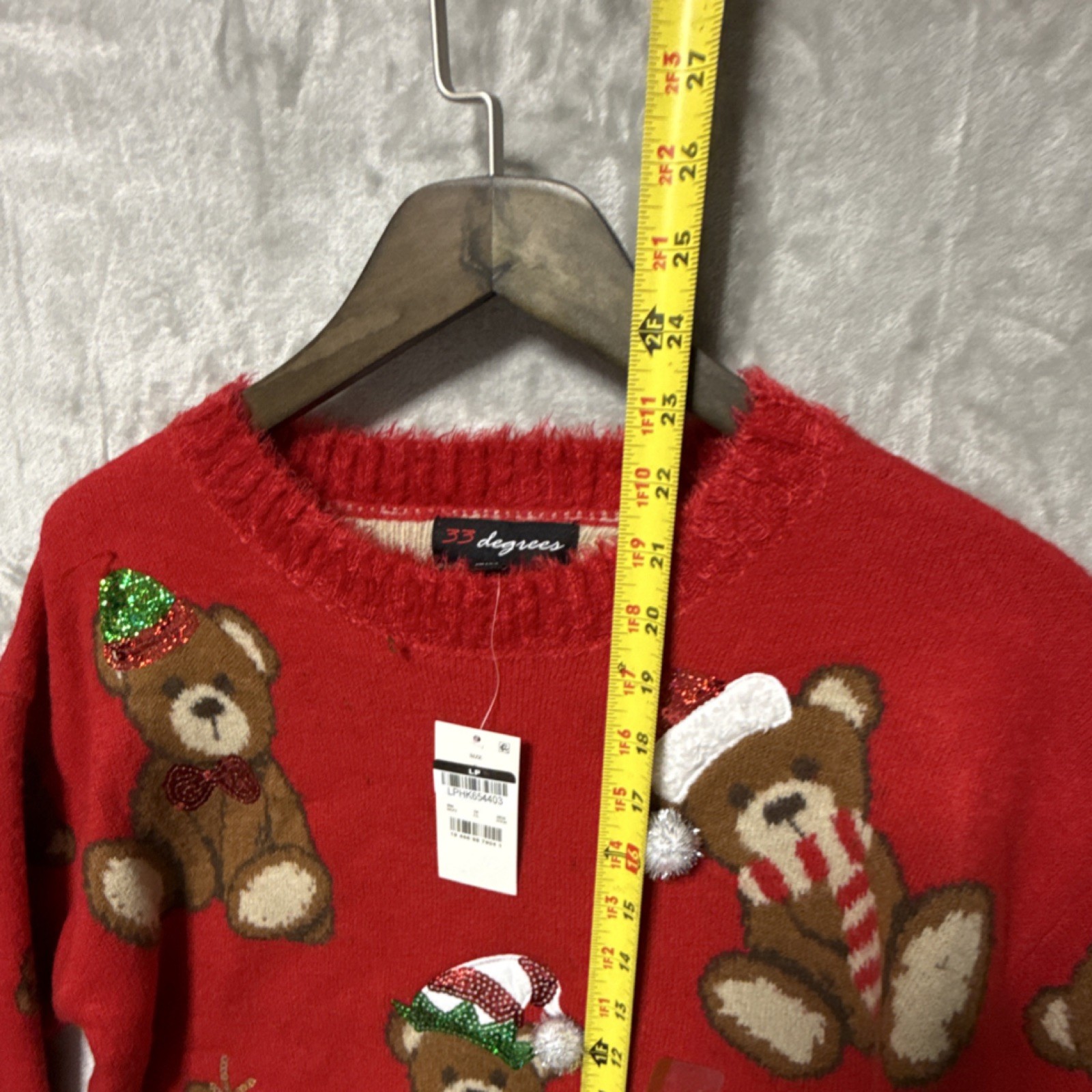 33 Degrees Red Knit Teddy Bear Sequin Pullover Sweater Acrylic Women’s Size S