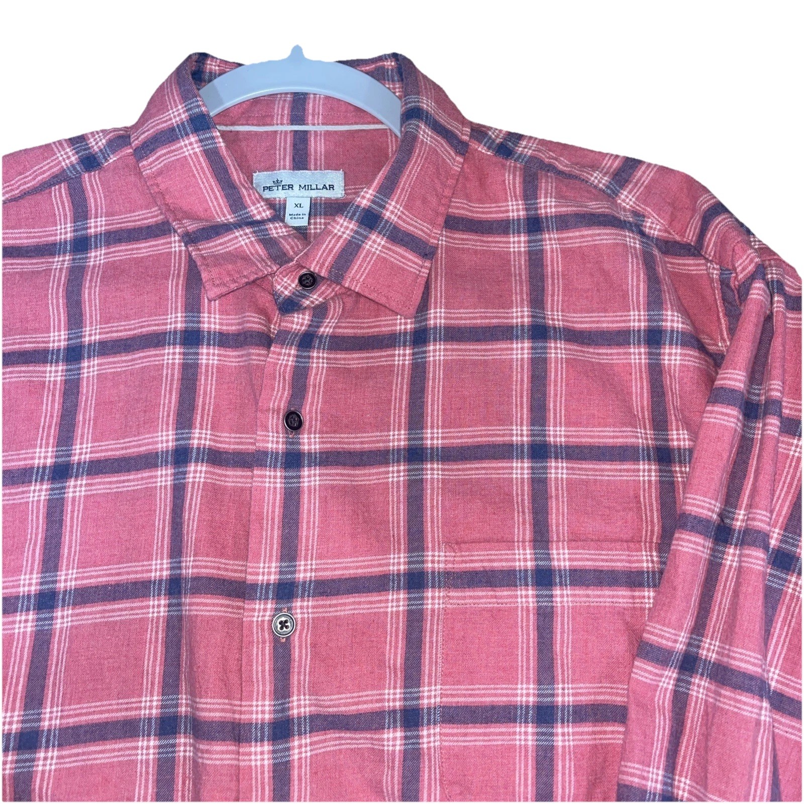 Peter Millar Men’s XL Pink Blue Plaid Button Up Long Sleeve Shirt Cotton Crown