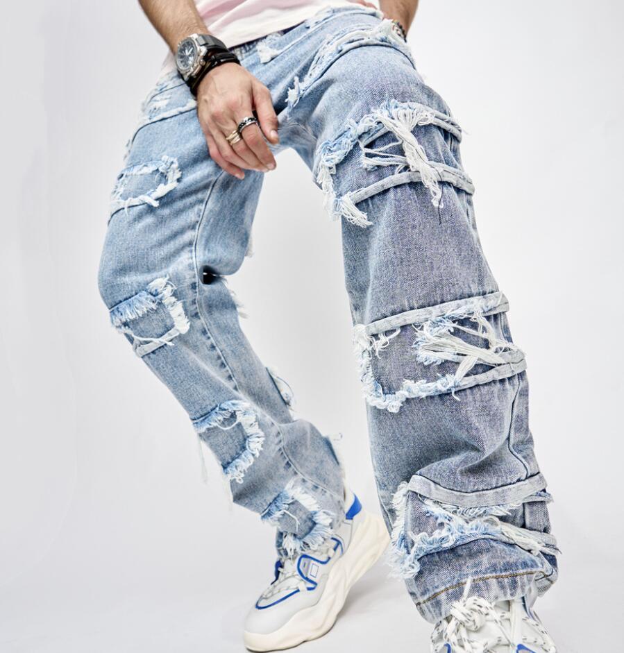 Men’s Blue Tassels Straight Leg Denim Jeans Casual Punk Pants Trousers Hip Hop