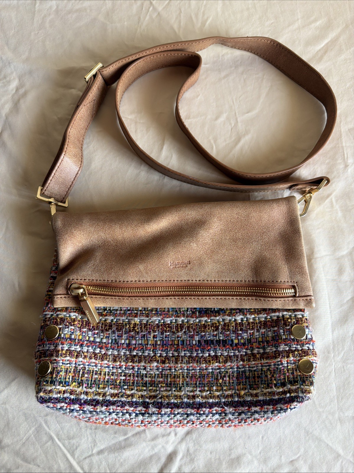 Hammitt Los Angeles VIP Tweed Crossbody Bag Taupe Multi-Color Gold Hardware 10×8