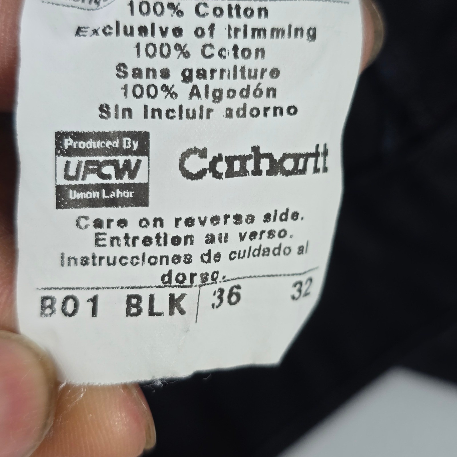Carhartt B01 BLK Mens Black Double Front Work Dungaree Duck Canvas Pants 36×32