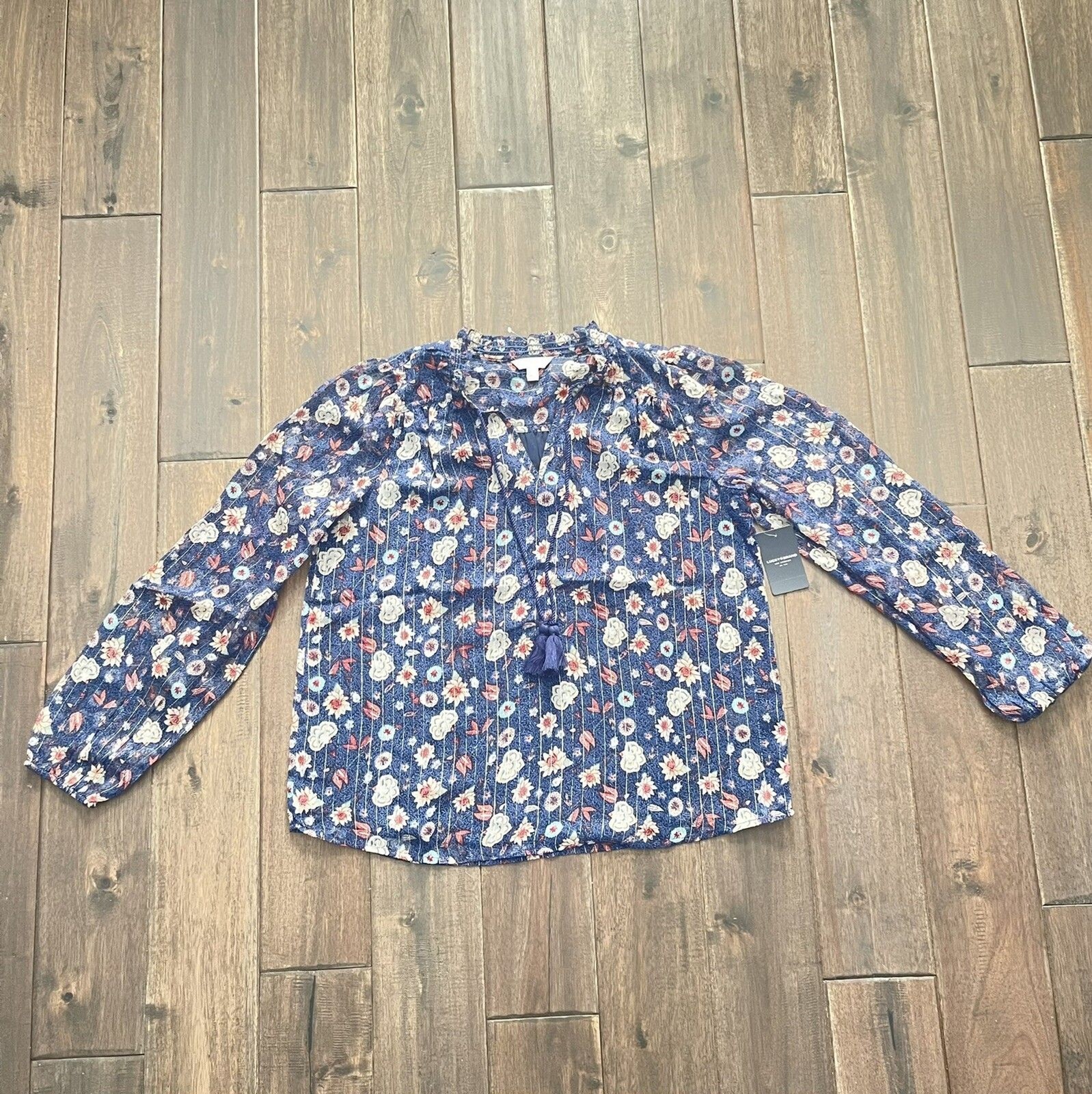 Lucky Brand Blue Floral Tassel Boho Bohemian Blouse S NWT