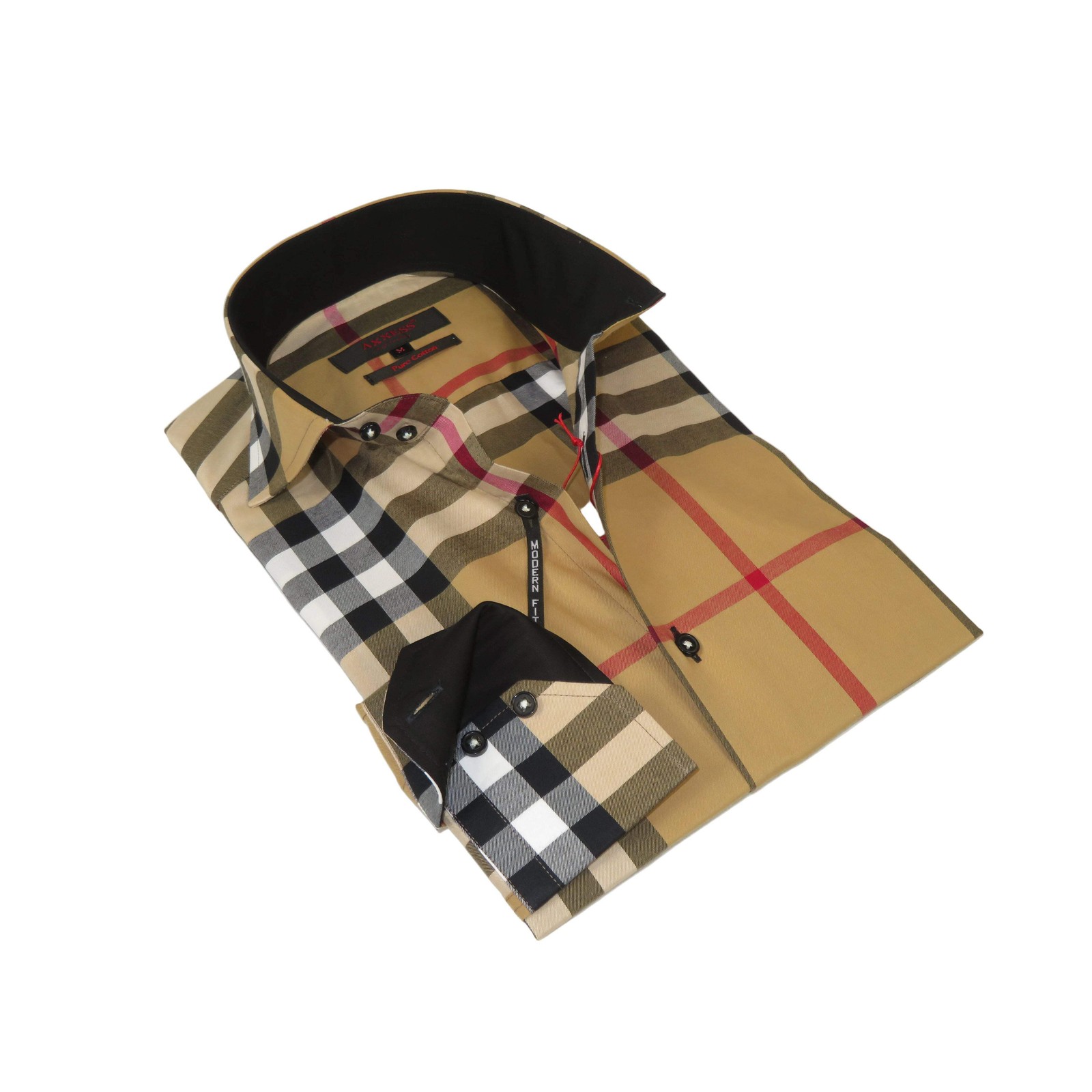 Men’s AXXESS Turkey English Plaid Shirt 100% Soft Cotton High Collar 120-09 Tan