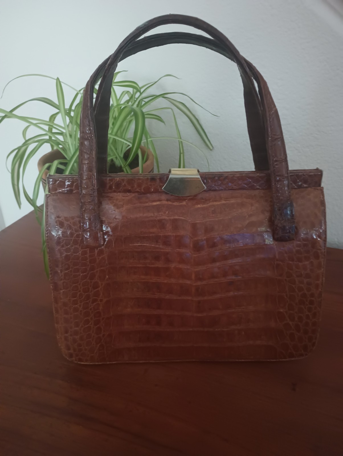 Vintage 1950s 1960s Cognac Brown Alligator Crocodile Leather Top Handle Handbag