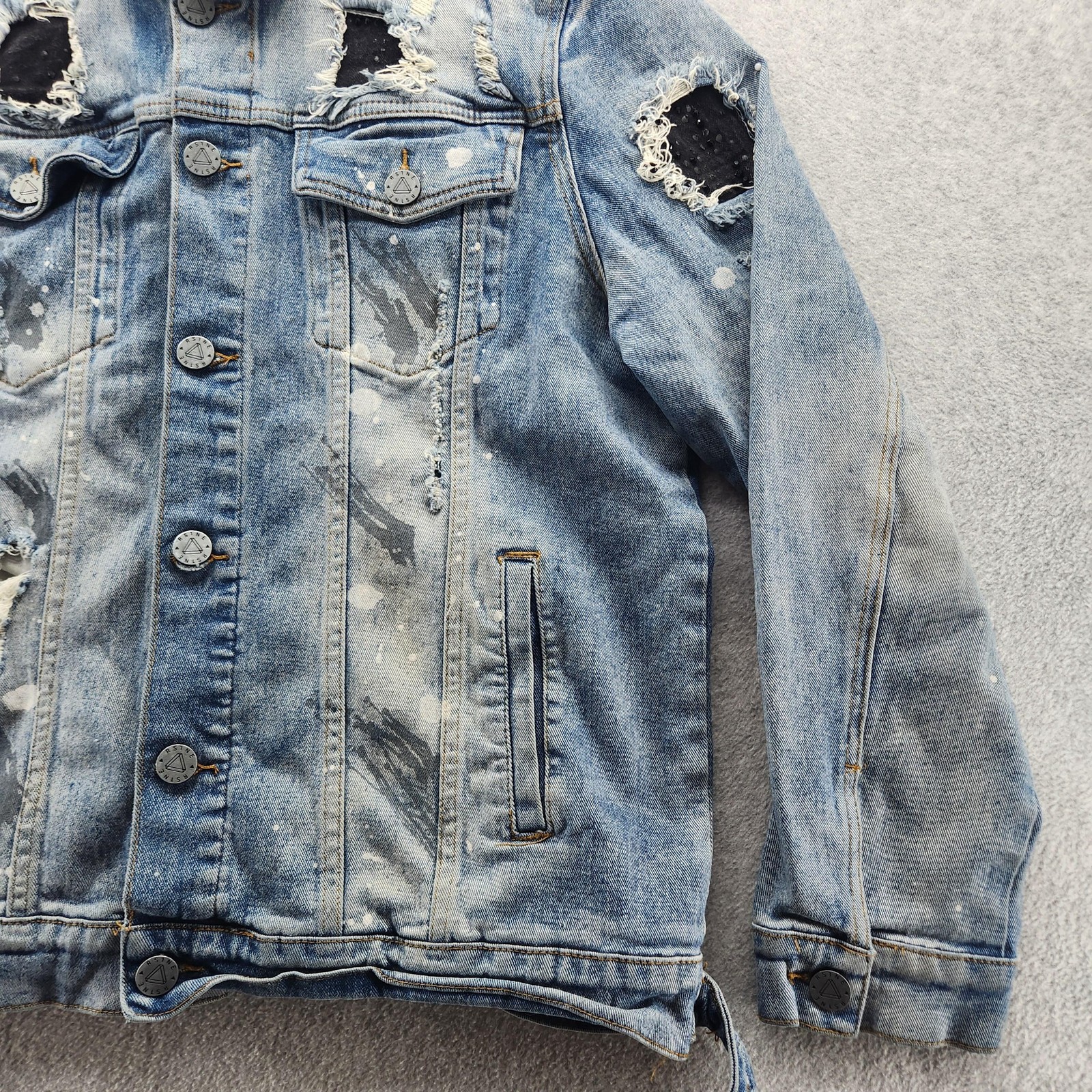 RSTNE Jacket Mens Large Blue Denim Distressed Paint Splatter Ripped Studded