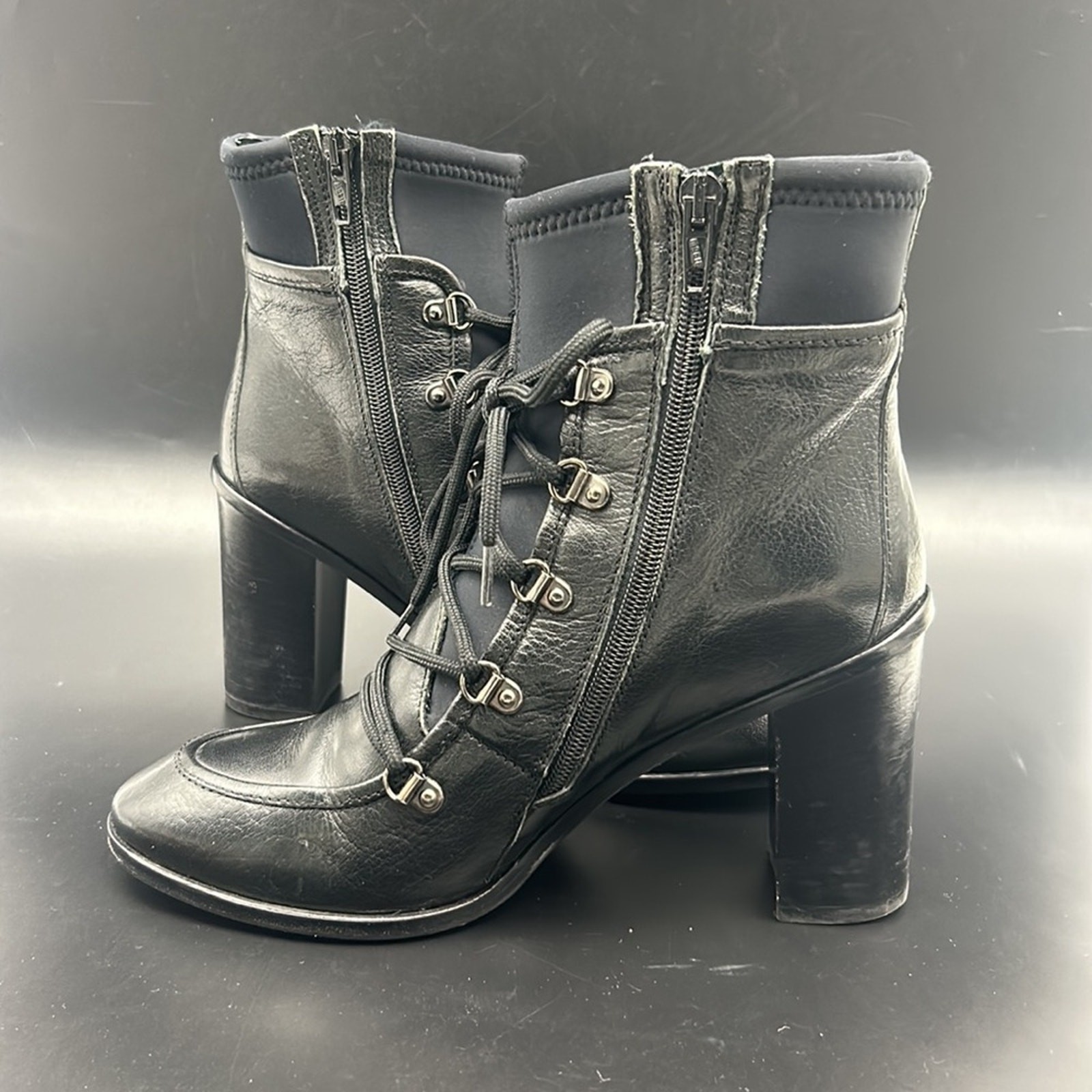 NAPOLEONI GRANNIE BLACK LEATHER NEOPRENE LACE-UP LOLITA GRANNY SIZE 39 BOOTIE