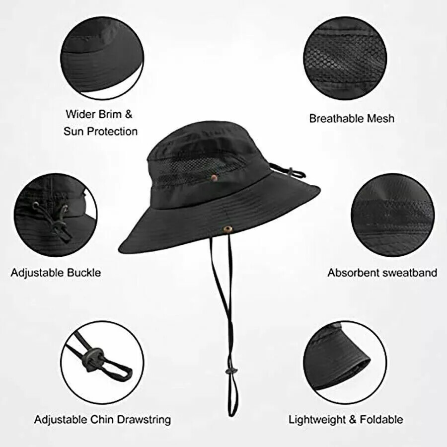 Men Wide Brim Sun Hat UV Protection Bucket Cap Hiking Camping Fishing Safari USA
