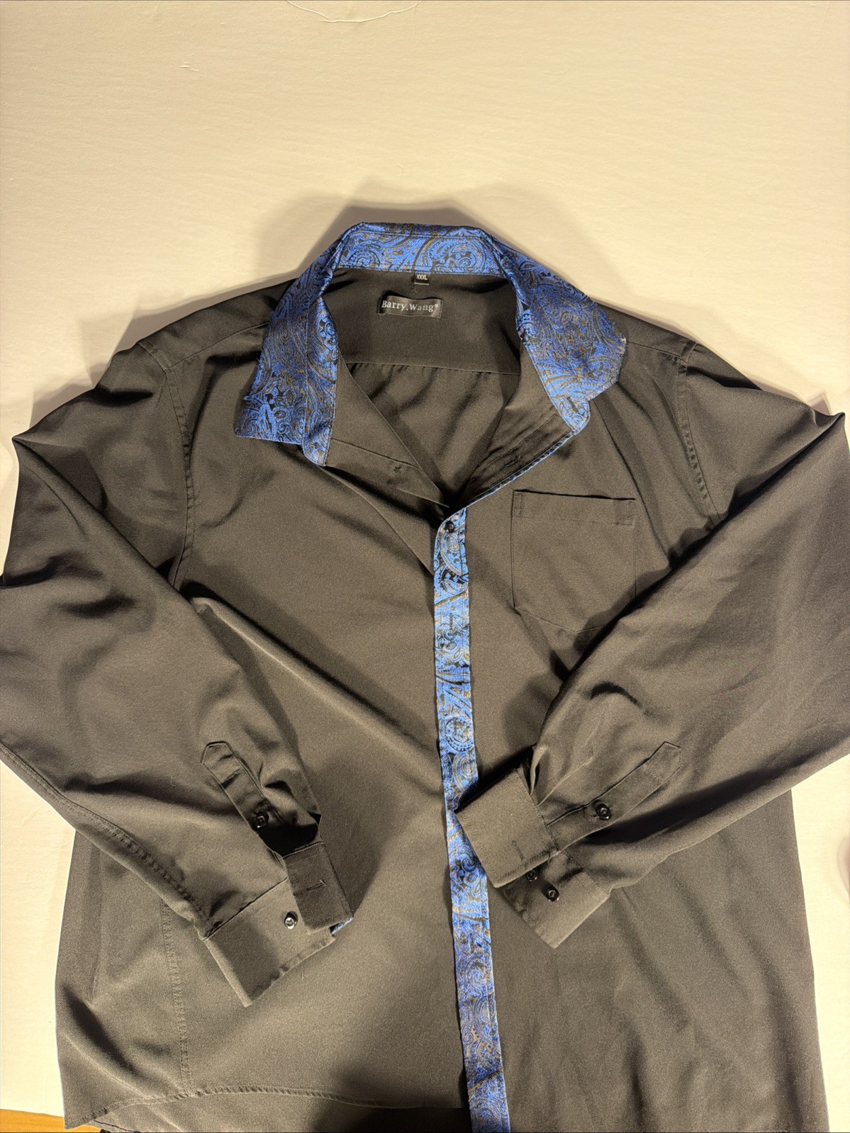 Barry Wang 3XL Men’s Black Long Sleeve Shirt with Blue Filigree Collar and Trim