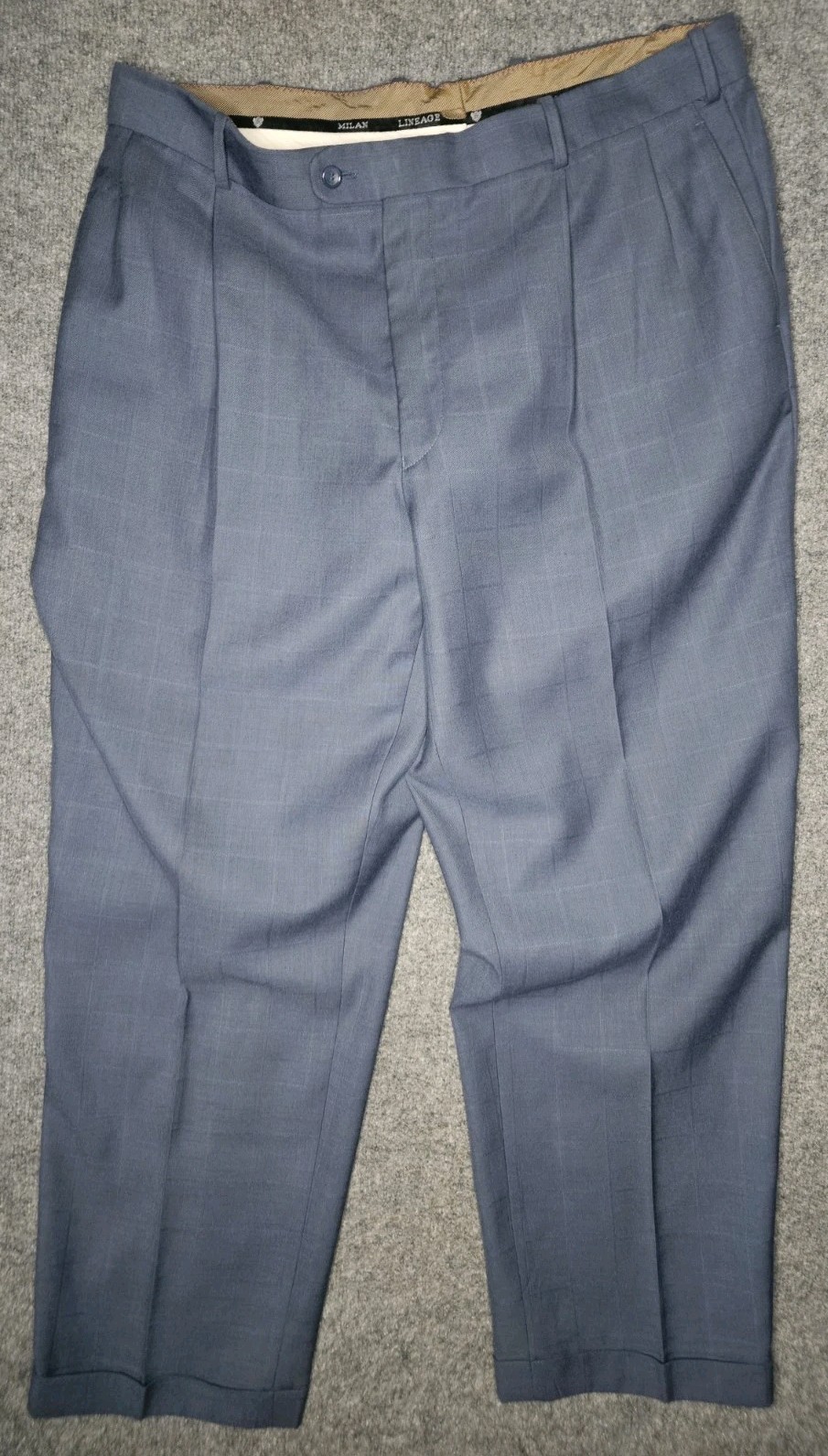 Lineage Men’s 2Pc Suit 46R Jacket 40W Pants Blue Windowpane Plaid Superior 150s