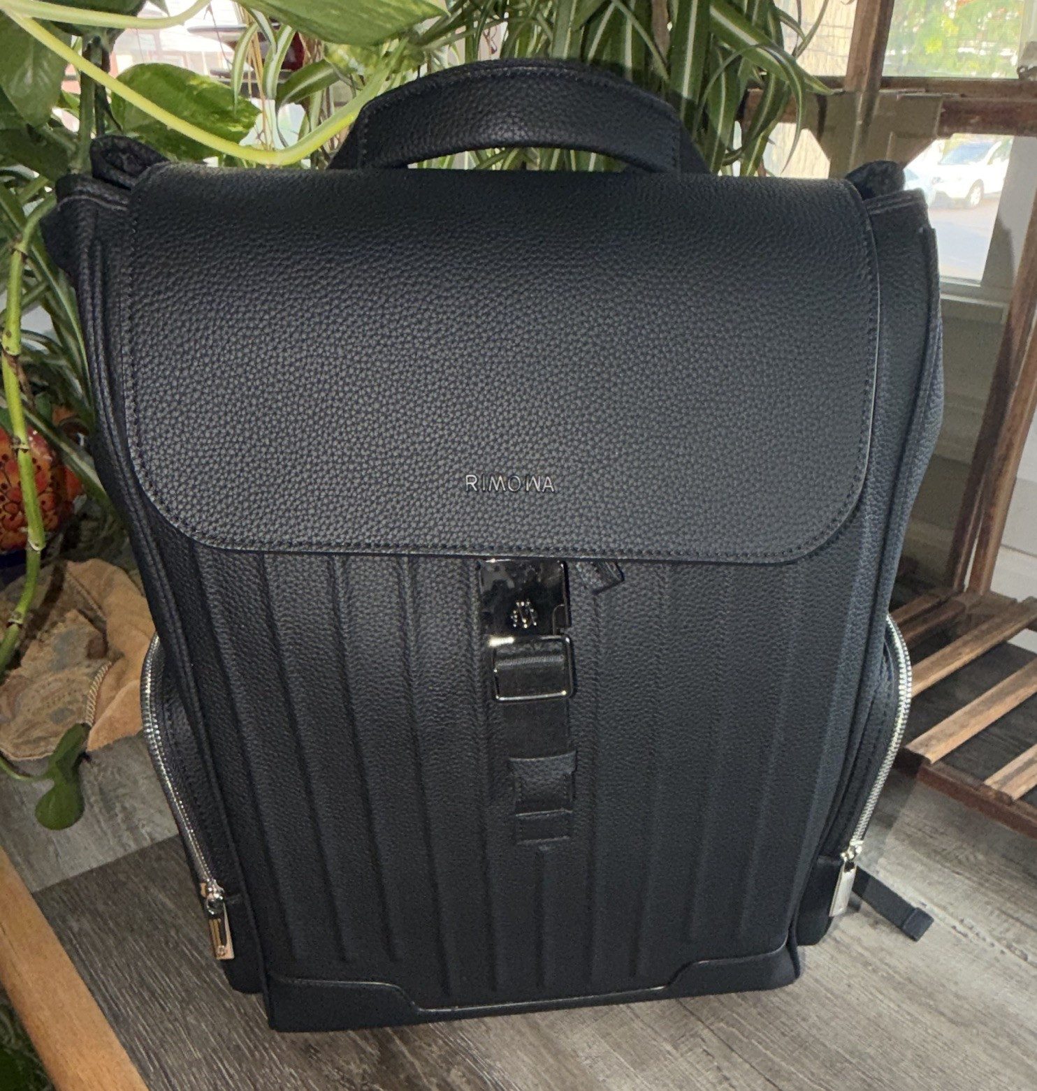 RIMOWA Black Large Flap Backpack Top Handle Outer Pockets Buckle Zip