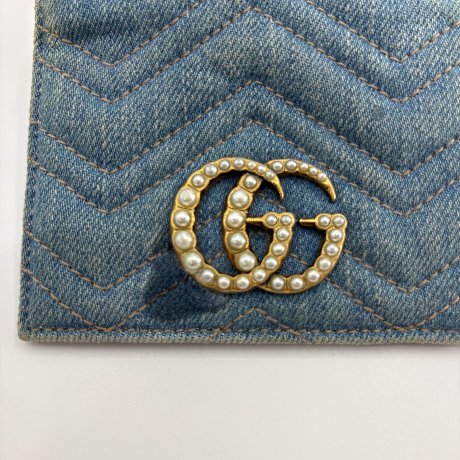 Gucci GG Marmont Wallet Denim Pearl Studs Compact Trifold Blue Leather Auth