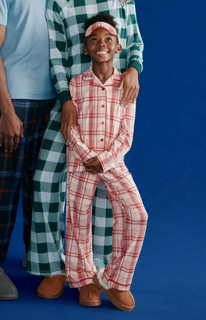 Holiday Time Girls Pajama Set Sz 7/8 Red-Pink 3-Pc with Eye Mask Plaid Sleepwear