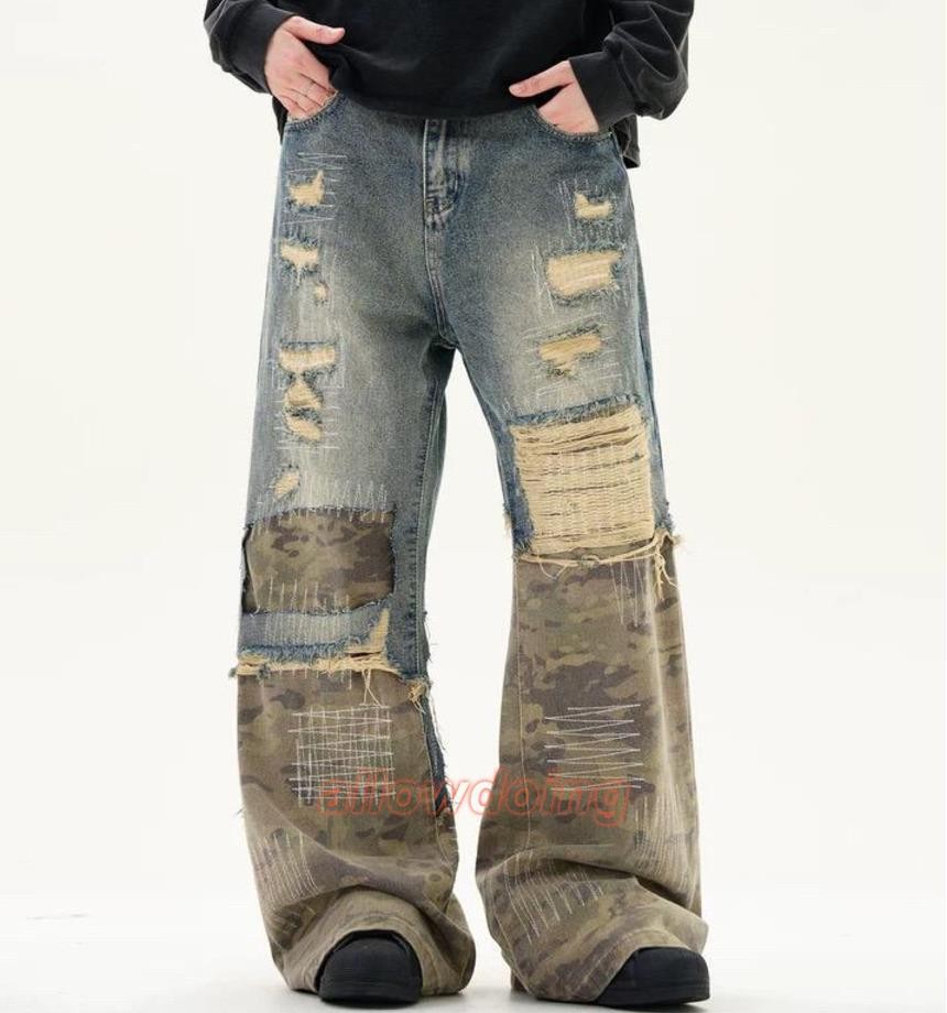 Men’s Blue Denim Camouflage Mixed Ripped Casual Pants Trousers Punk Hip Hop