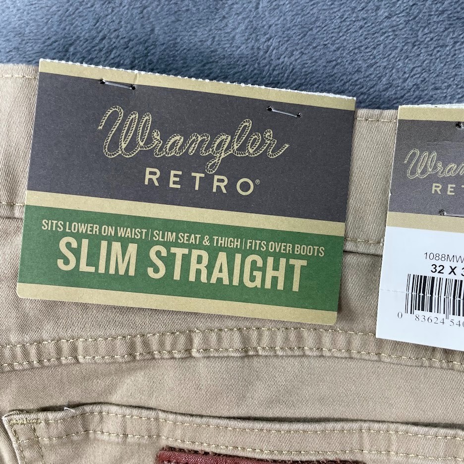 Wrangler Retro Slim Straight Pants Mens 32×34 Fawn NWT 5-Pocket Cowboy Western