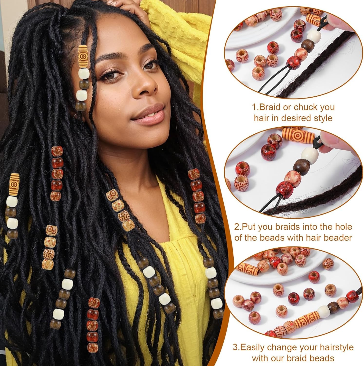 60 Pcs Wooden Hair Beads Dreadlock Braids Charms DIY Accessories for Hair