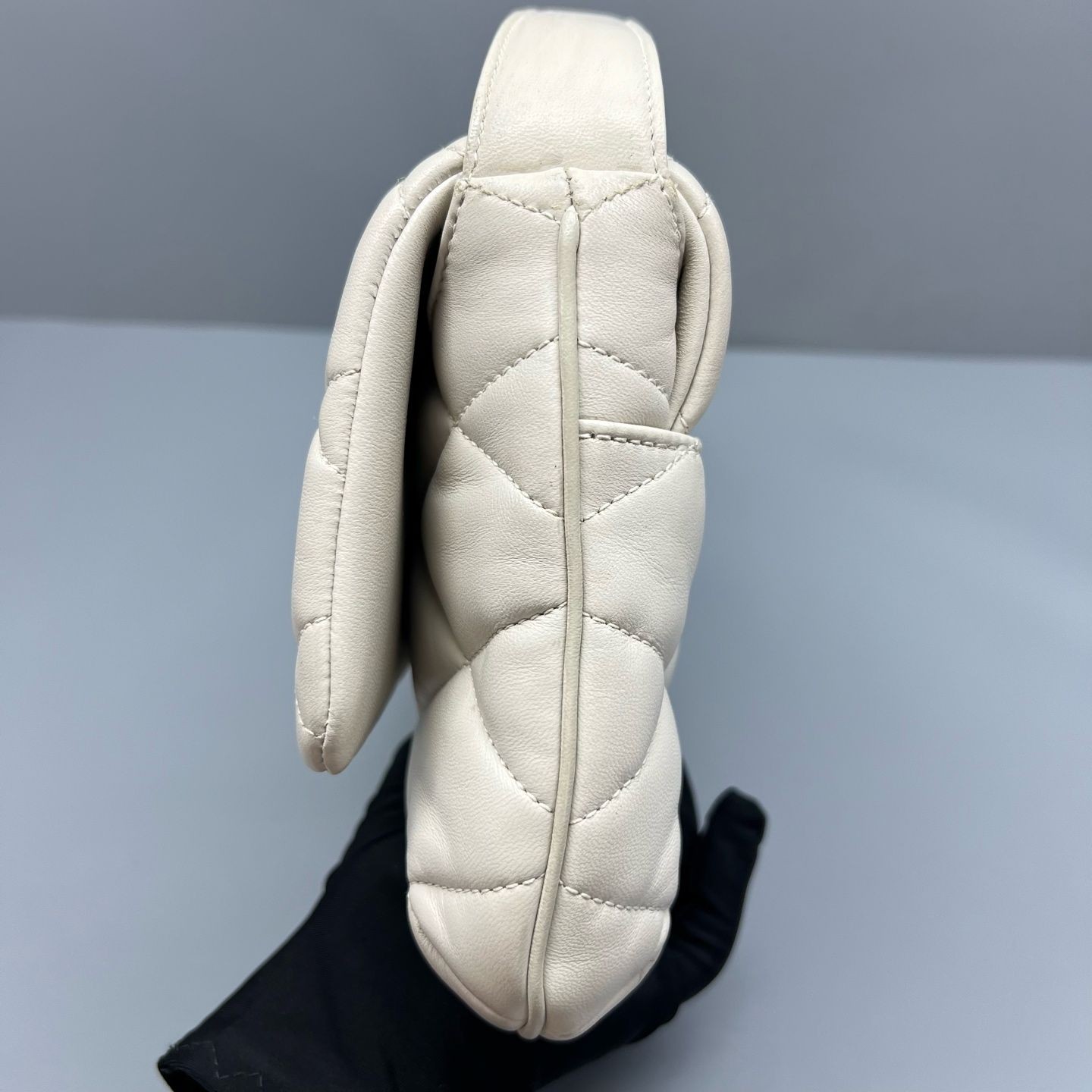 Saint Laurent Puffer Hobo Shoulder Bag White Leather GHW Adjustable Strap Auth