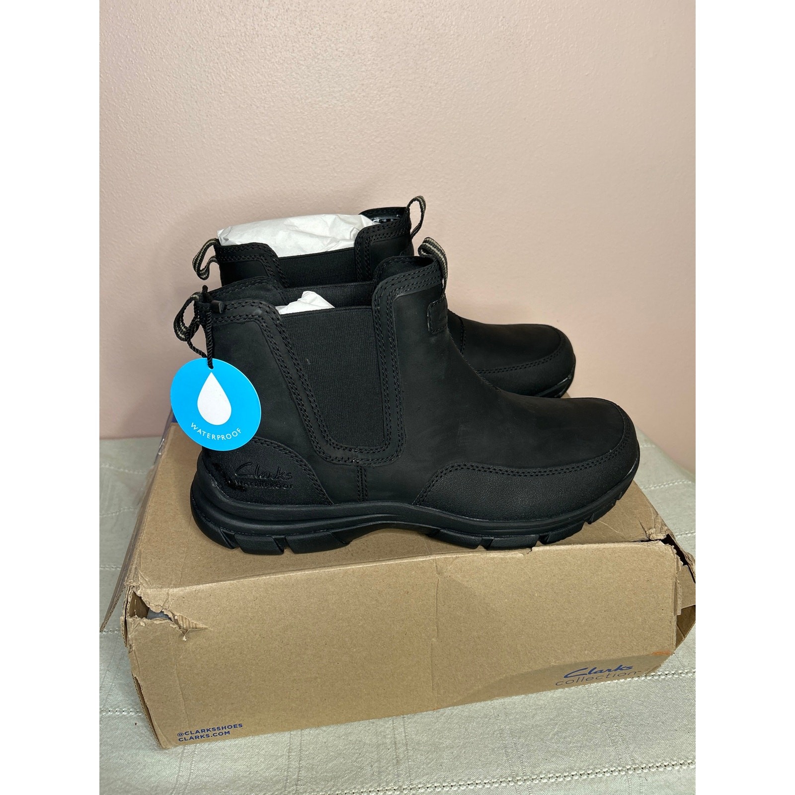 Clarks Men’s Walpath Easy Chelsea Boot Black Leather Size 12 W Waterproof New