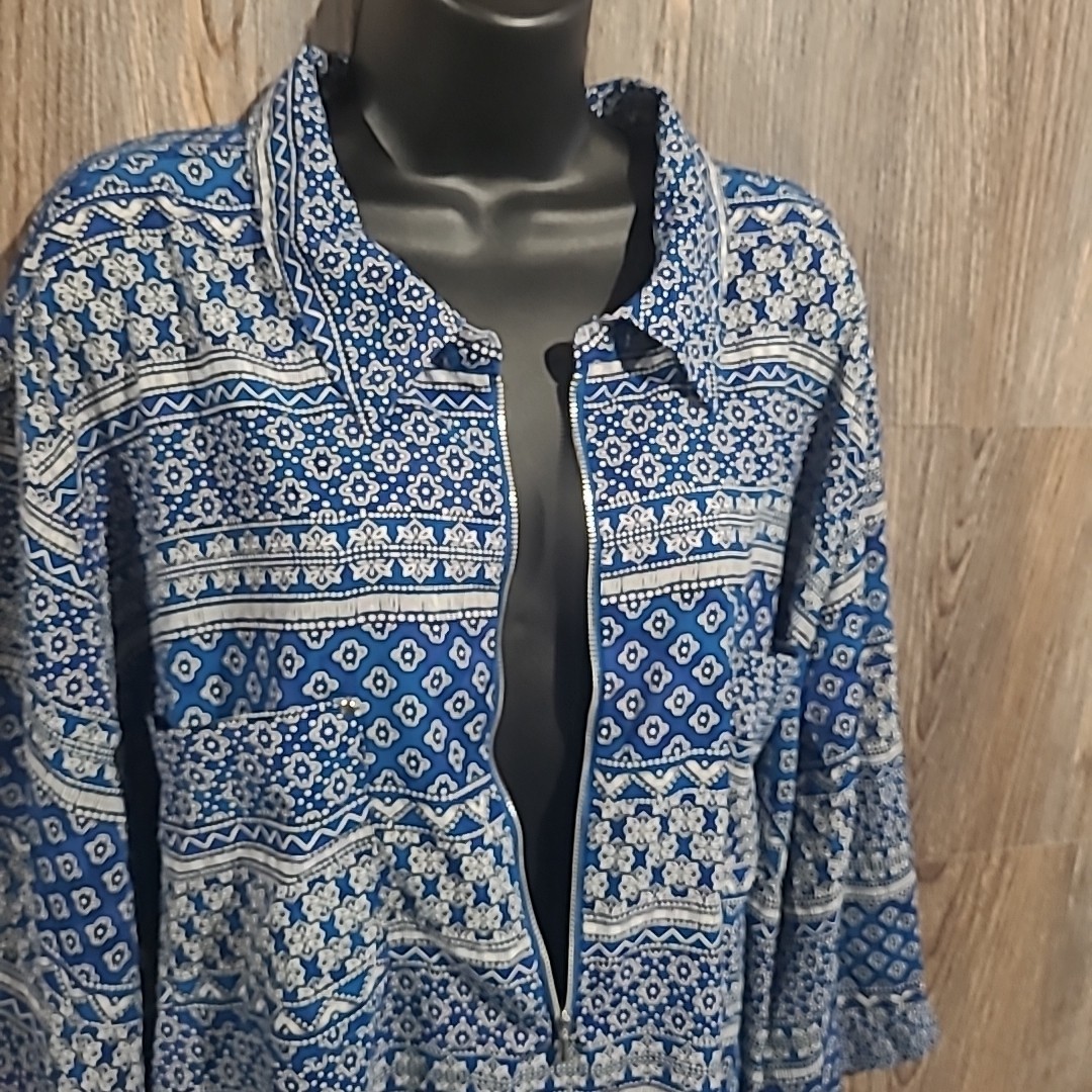 Catherines 1/2 Zip Blue Geometric Blouse Top Plus Size 4X Western Lightweight