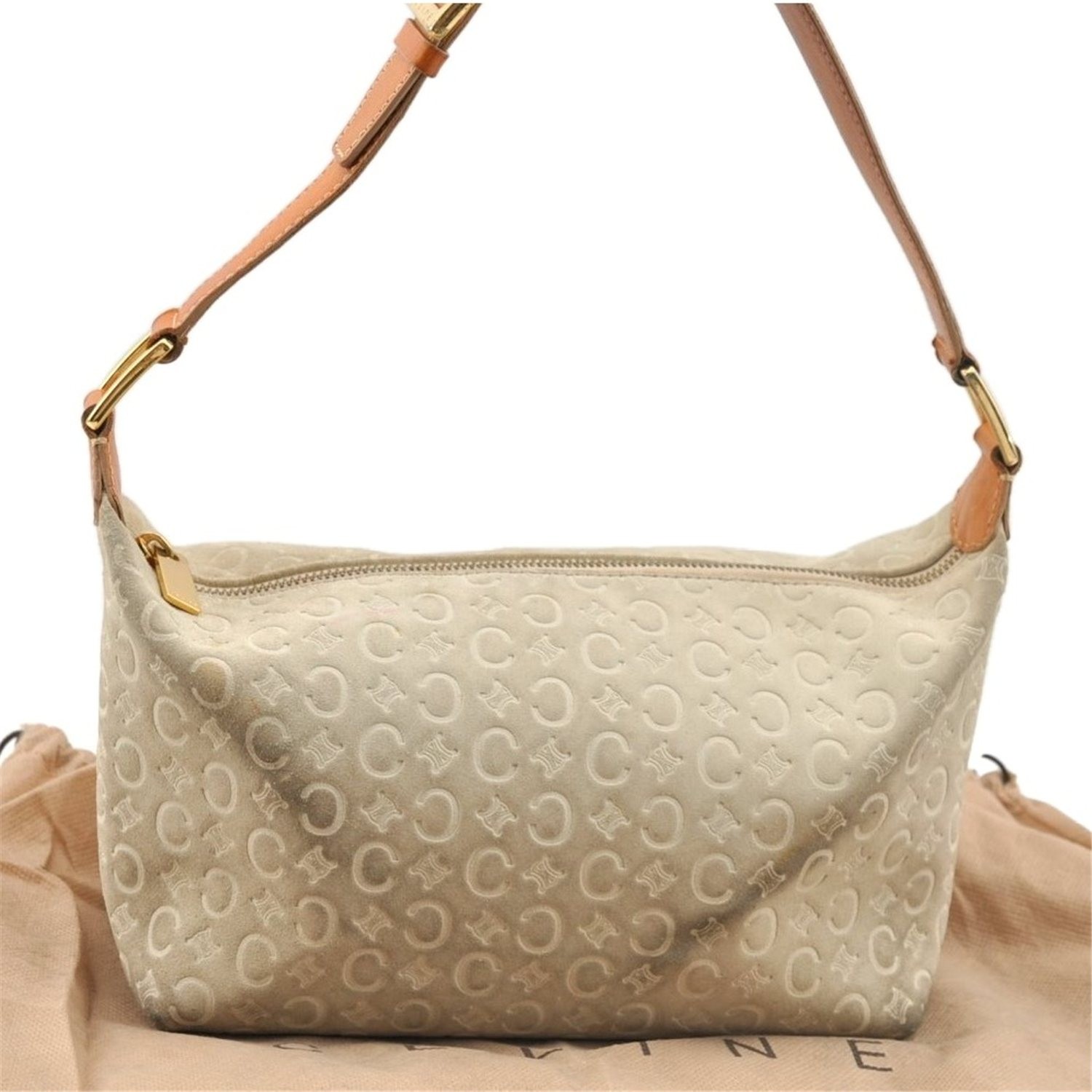 Authentic CELINE C Macadam Blason Shoulder Hand Bag Suede Leather White AB902