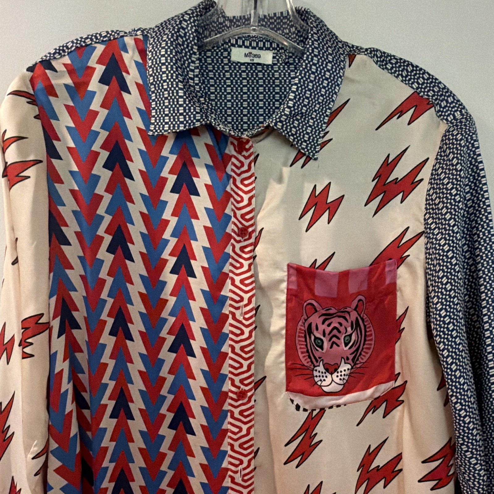 2 Me 369 Silk Multicolor Mixed Print Long Sleeve Button-Up Shirt, Pockets, XS