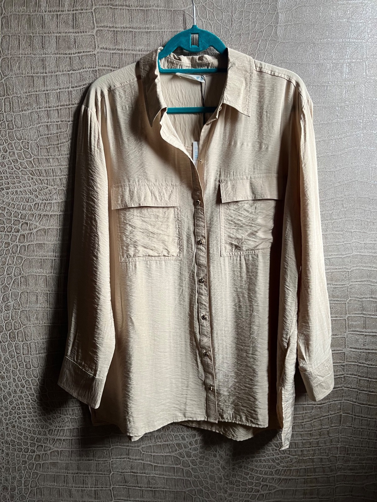 nice shirt blouse quirky lightweight fabric sheen champagne stone L 14 16 new