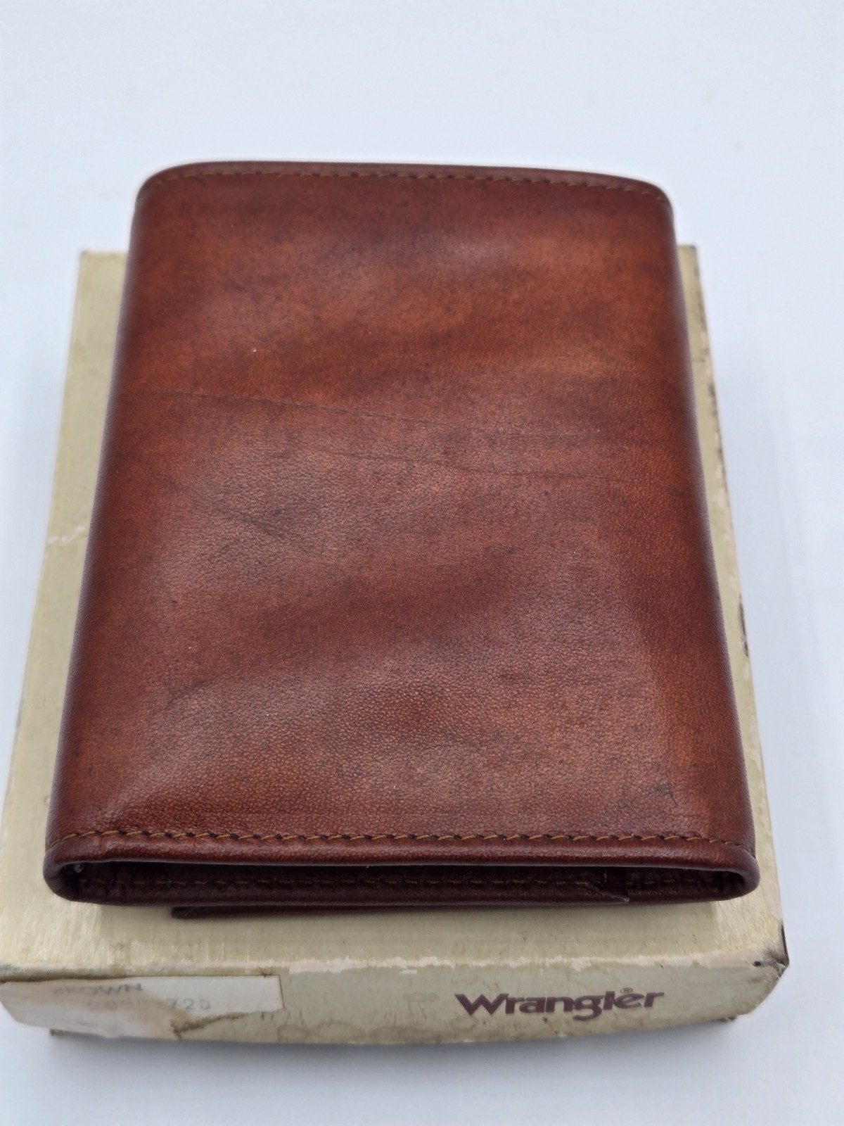 Vintage Wrangler Genuine Leather Trifold Wallet Brown w/ Box USA Made NOS