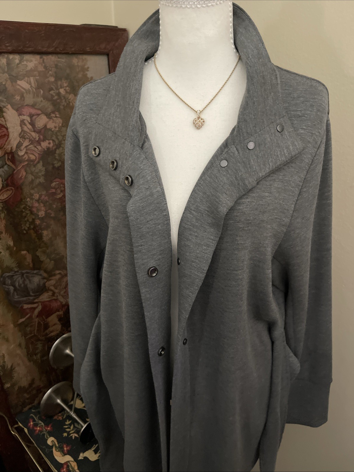 Varley Anset Jacket Large Light Grey Marl Belted Snap Front Doubleface Knit