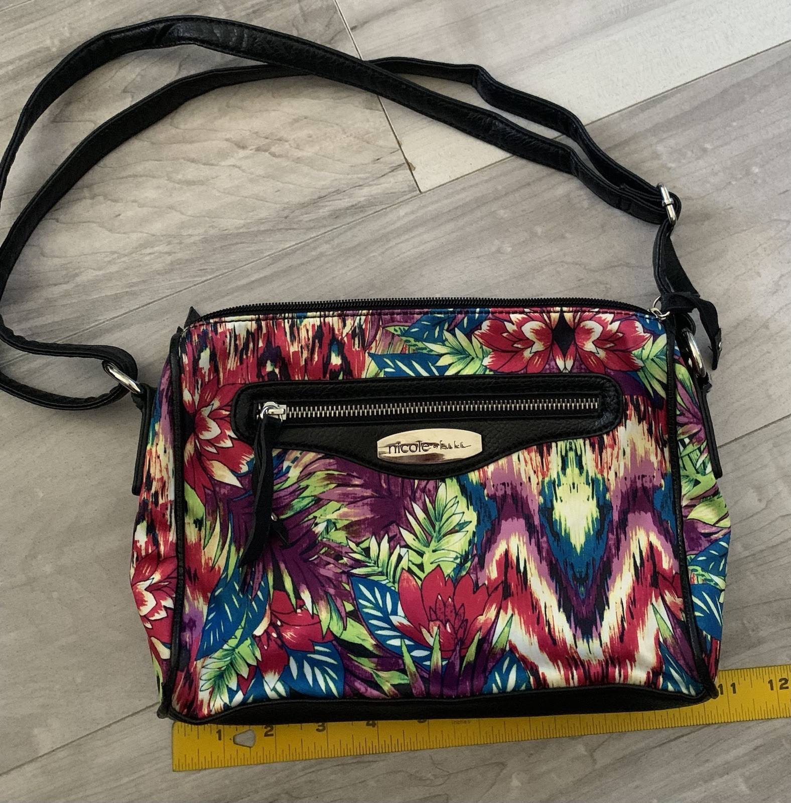 Nicole Miller Black Multi Color Hand Bag Purse Bright Leaves Flowers Colorful