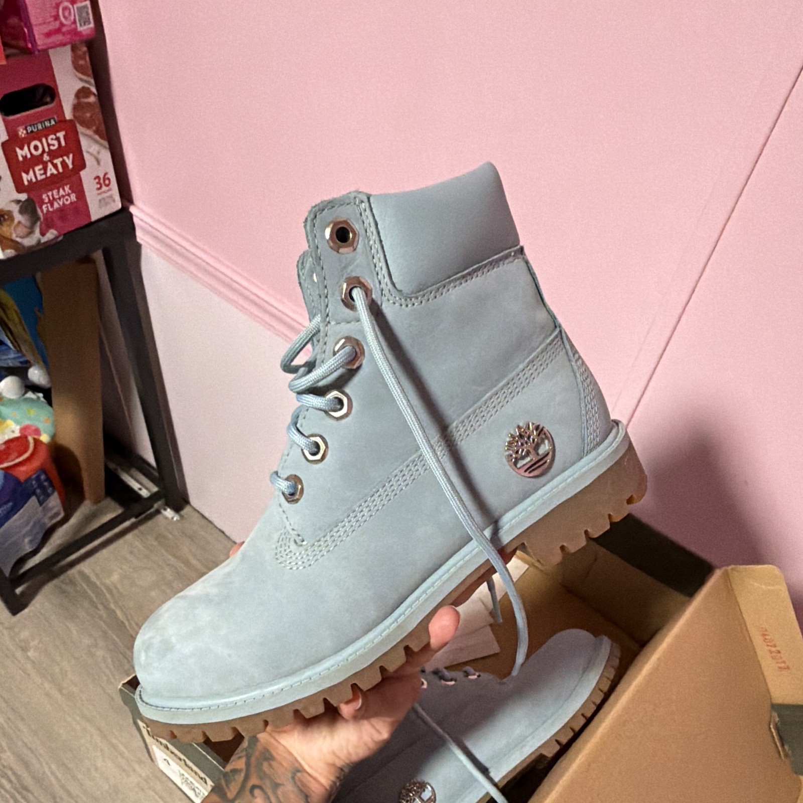 Timberland Waterproof Unisex Kids Ankle Boots 4Y Light Blue Leather Lace-Up