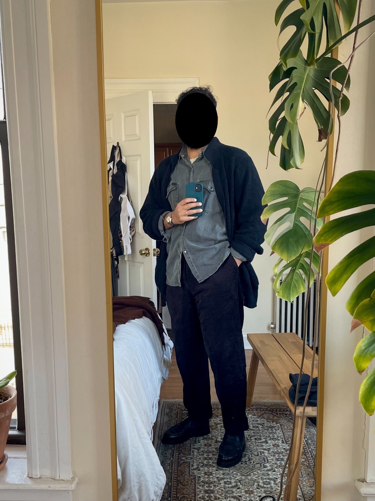 3sixteen Black Cotton Ribbed Collared Cardigan, 100% Pima Cotton — XL