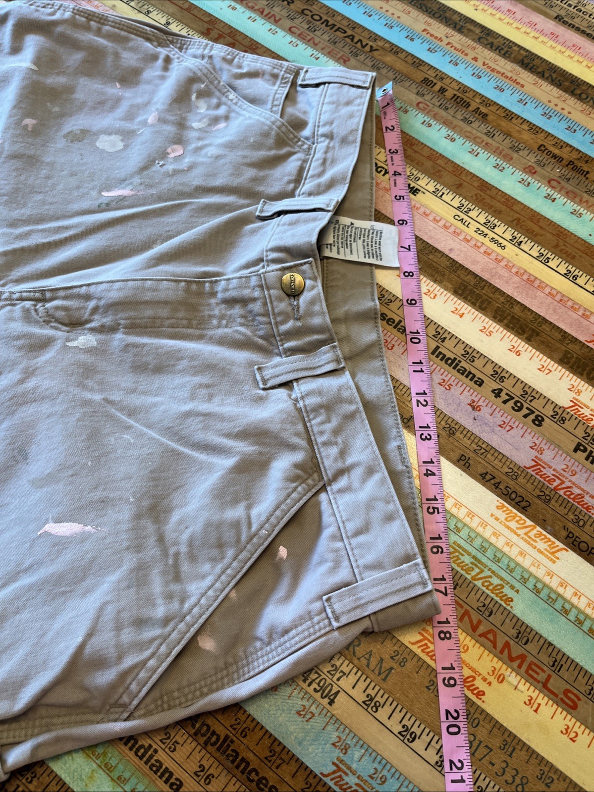 Carhartt Canvas Work Pants Mens 38×30 Khaki Utility Carpenter Cotton Paint Splat