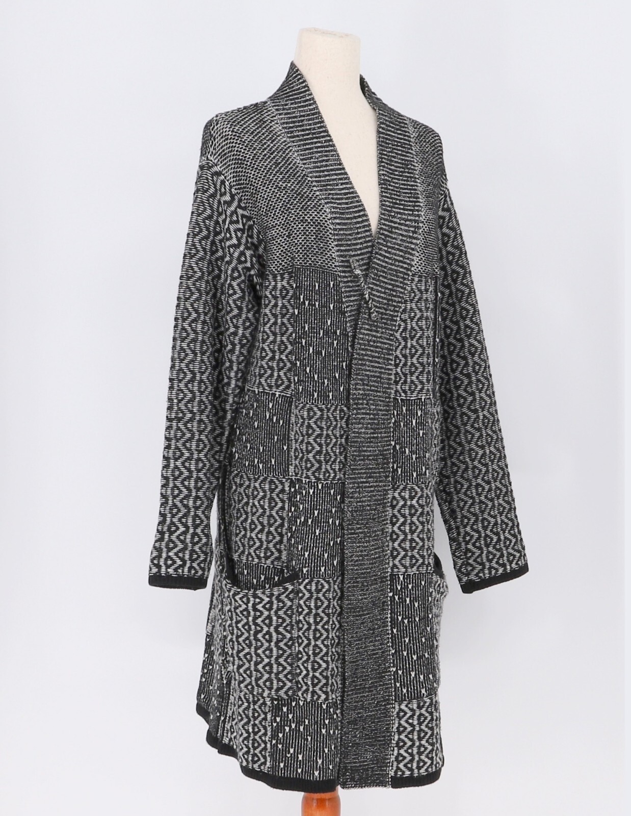 J. JILL Jacquard Knit Open Front Patchwork Long Cardigan Size M