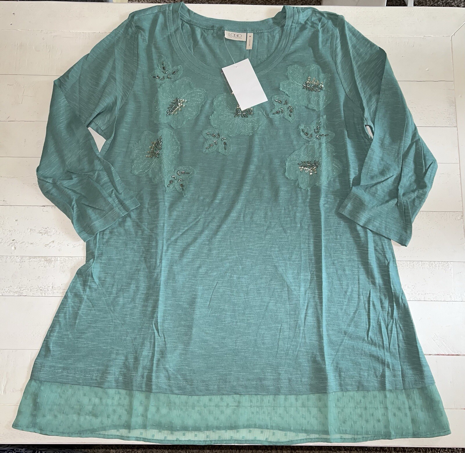 LOGO by Lori Goldstein light spearmint slub knit top with swiss dot trim Medium