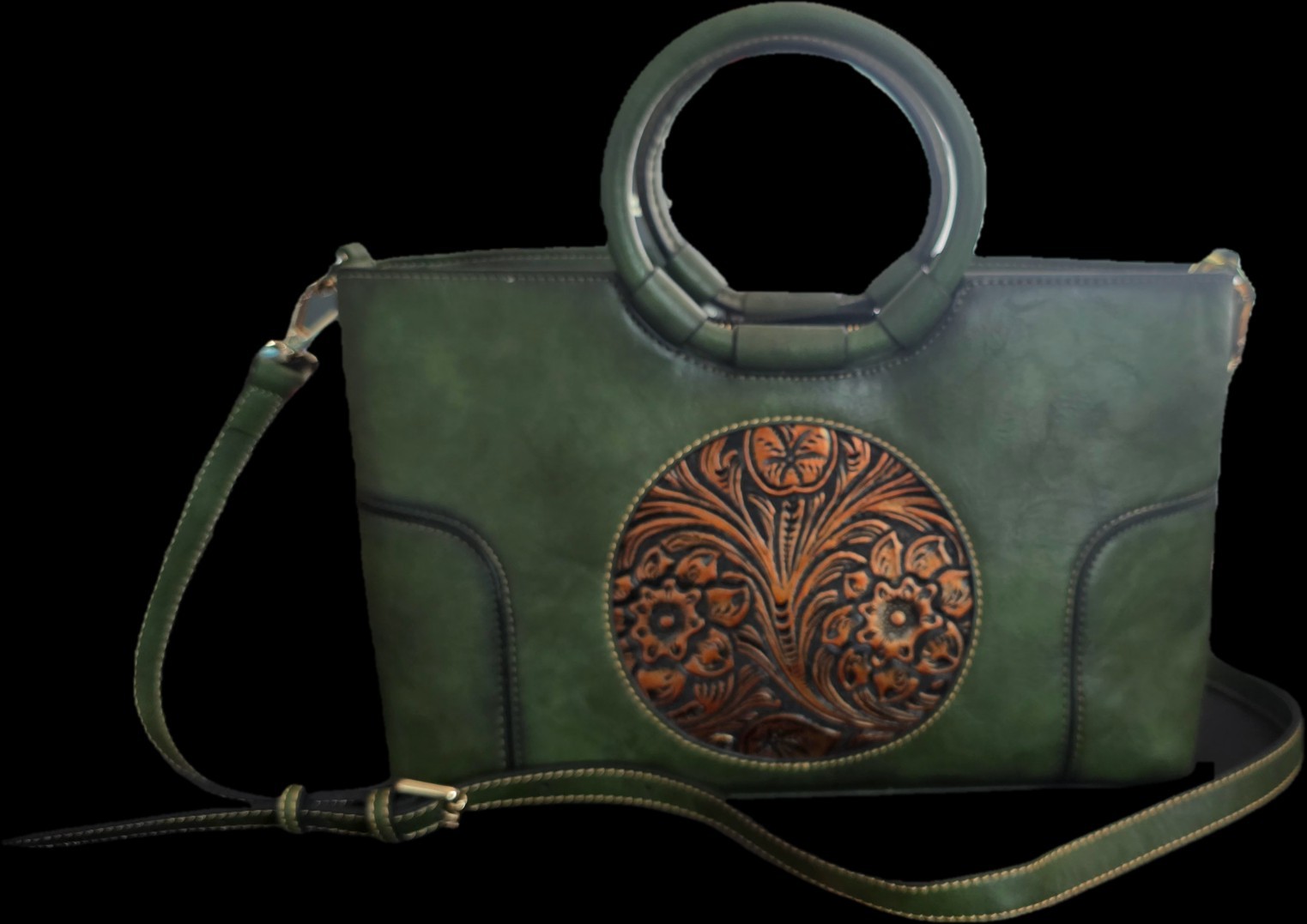 Vintage Green Satchel Top Handle Bag Zip Closure Detachable Strap