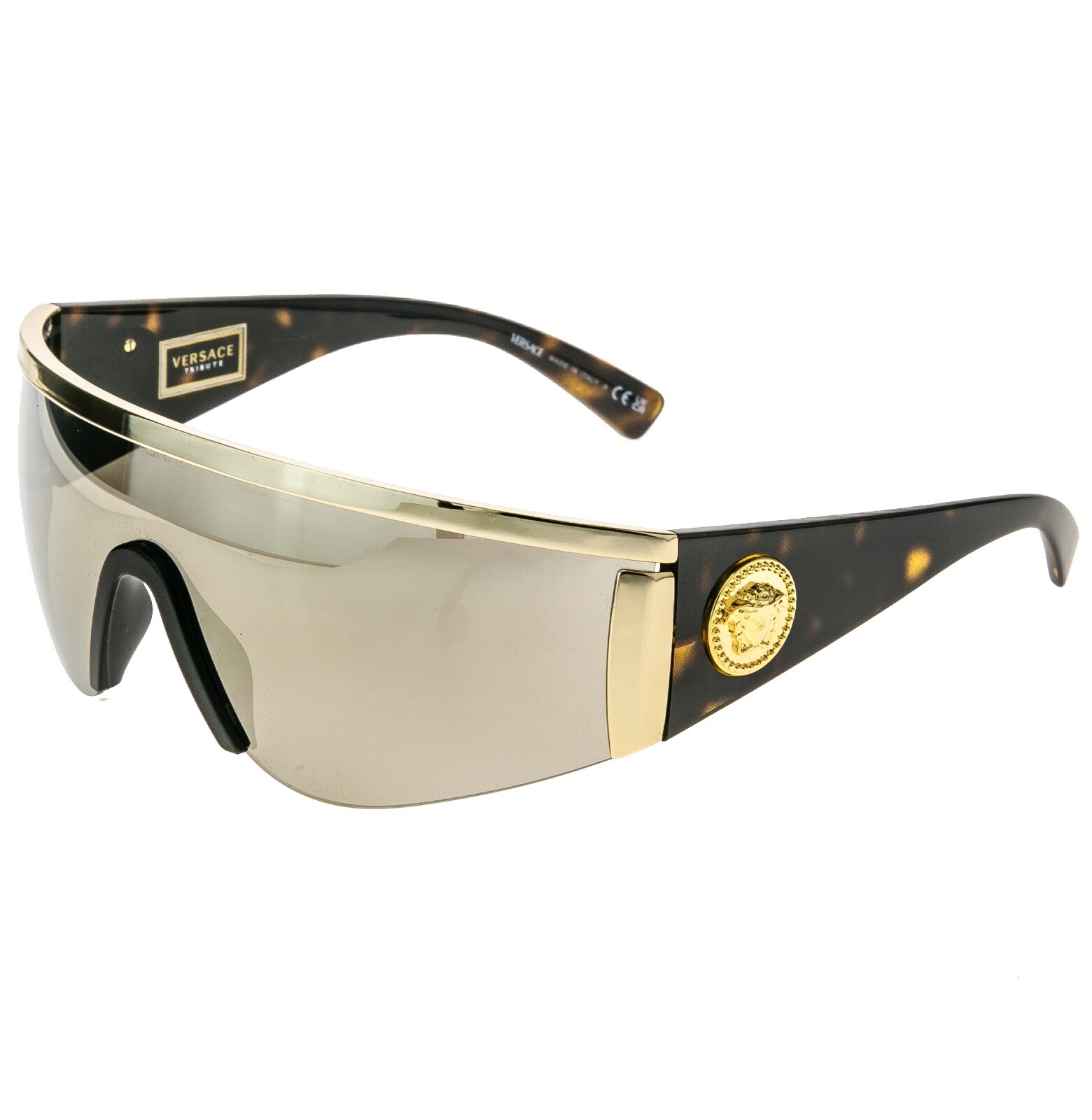 VERSACE 2197 TRIBUTE SHIELD Brown Gold Mirror VE2197 Unisex Wrap Mask Sunglasses