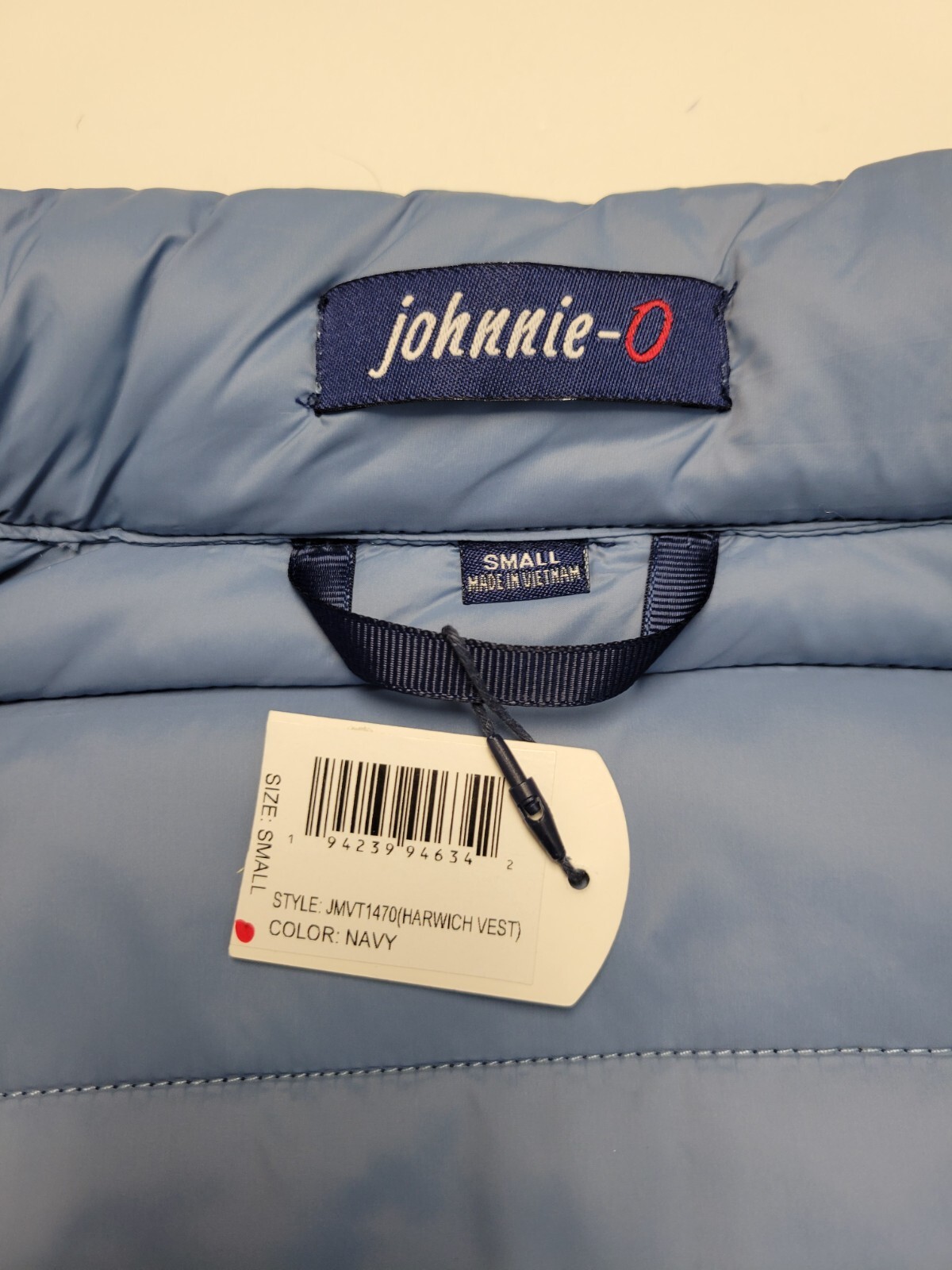 New JOHNNIE-O Quilted HARWICH Nylon Poly Vest Full Zip Men’s SMALL S Puffer Navy