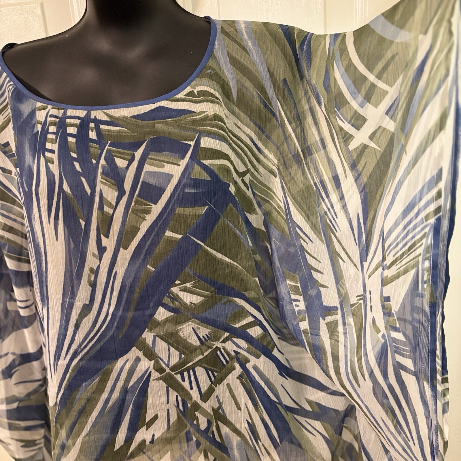 LOFT Tropical Palm Leaf Kimono Blouse Womens One Size Blue Green Sheer Cover Up