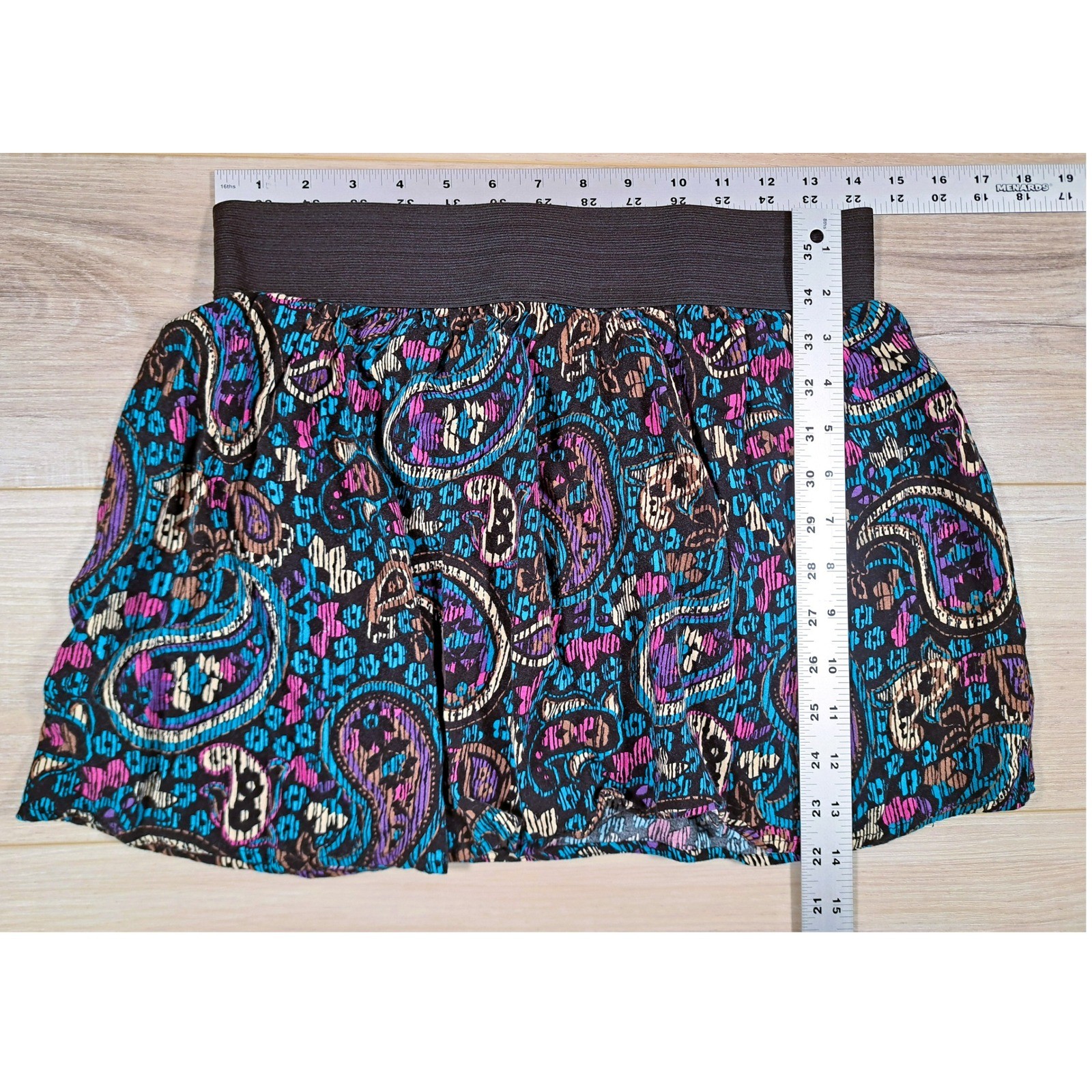 Bongo Y2K Paisley Print Mini Skirt Blue Purple Black Elastic Waist Rayon Large