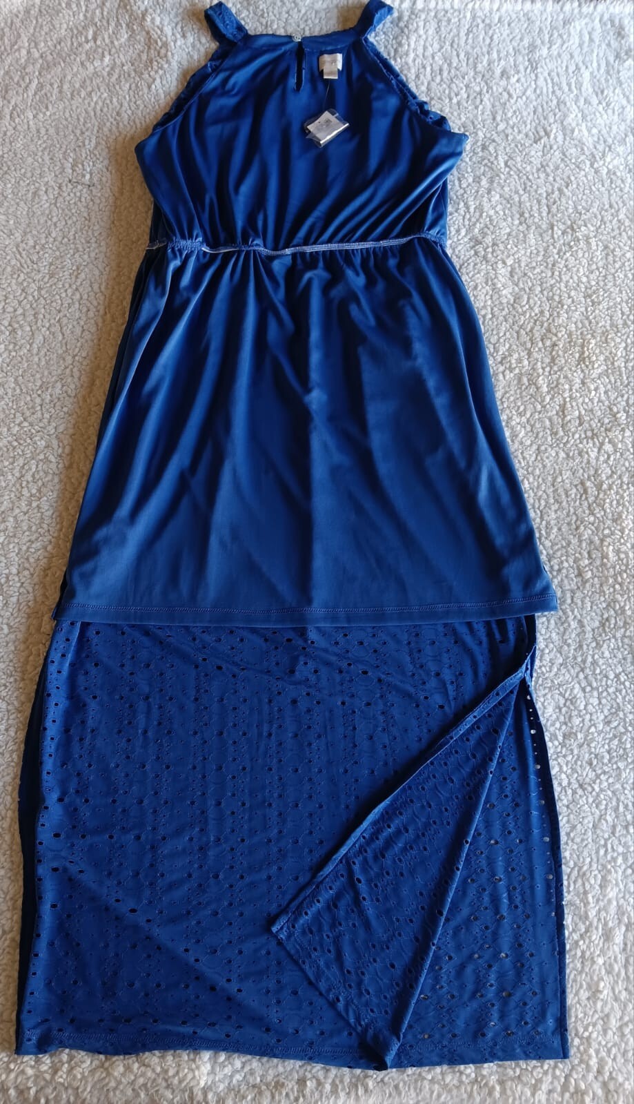 New Chico’s Maxi Blue Sleeveless Dress SIZE 3 Petite Eyelet Pattern