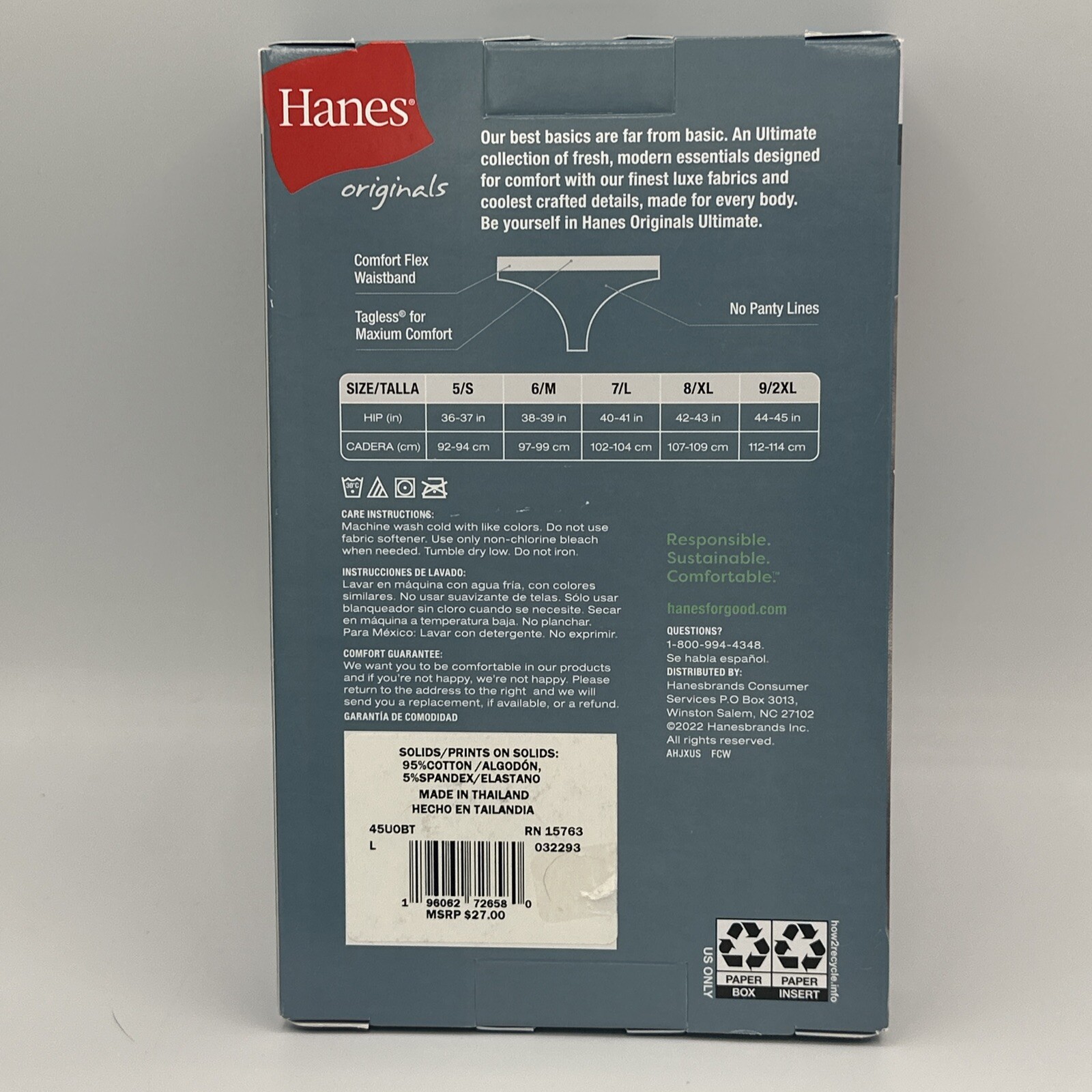 Hanes Ultimates Women’s Cotton Stretch Thong Panties New 7/L Blue white 3 Pack