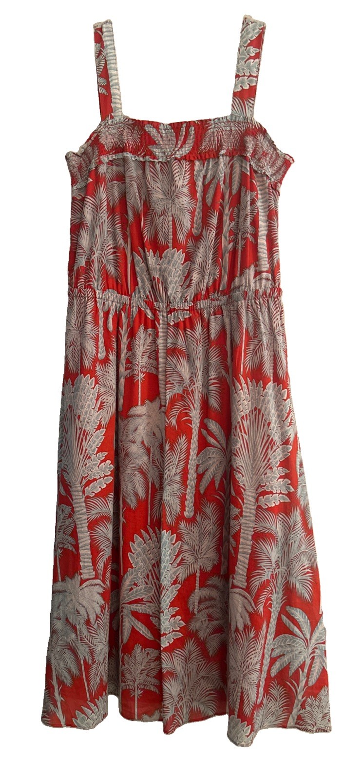 Talbots Oasis Palm Tree Print Voile Fit and Flare Smocked Dress Size 10 Red Blue