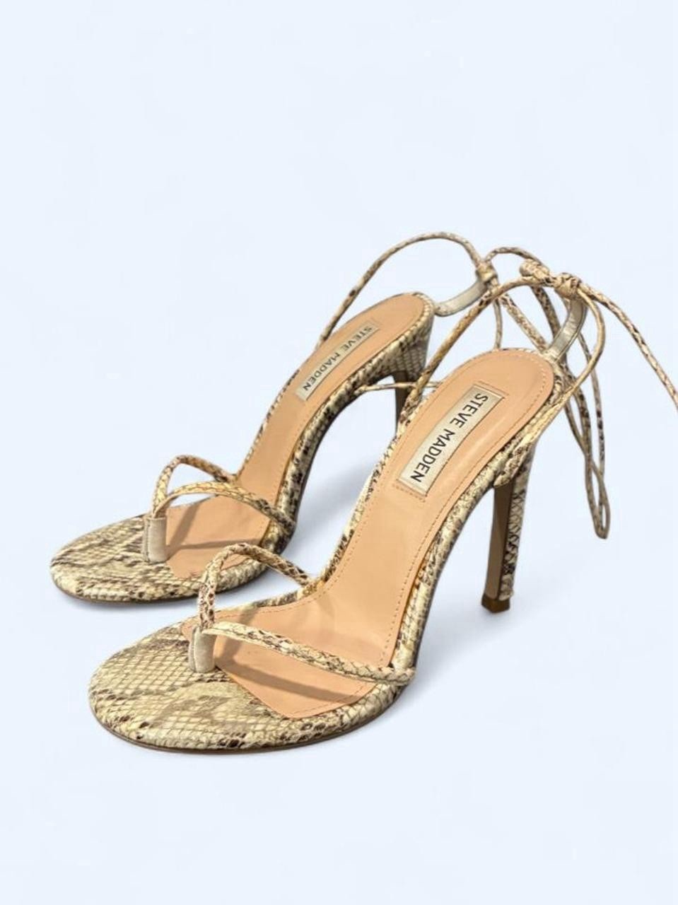 Steve Madden Women’s Beige Snake Print Open Toe Strappy Tie Ankle Heels 7