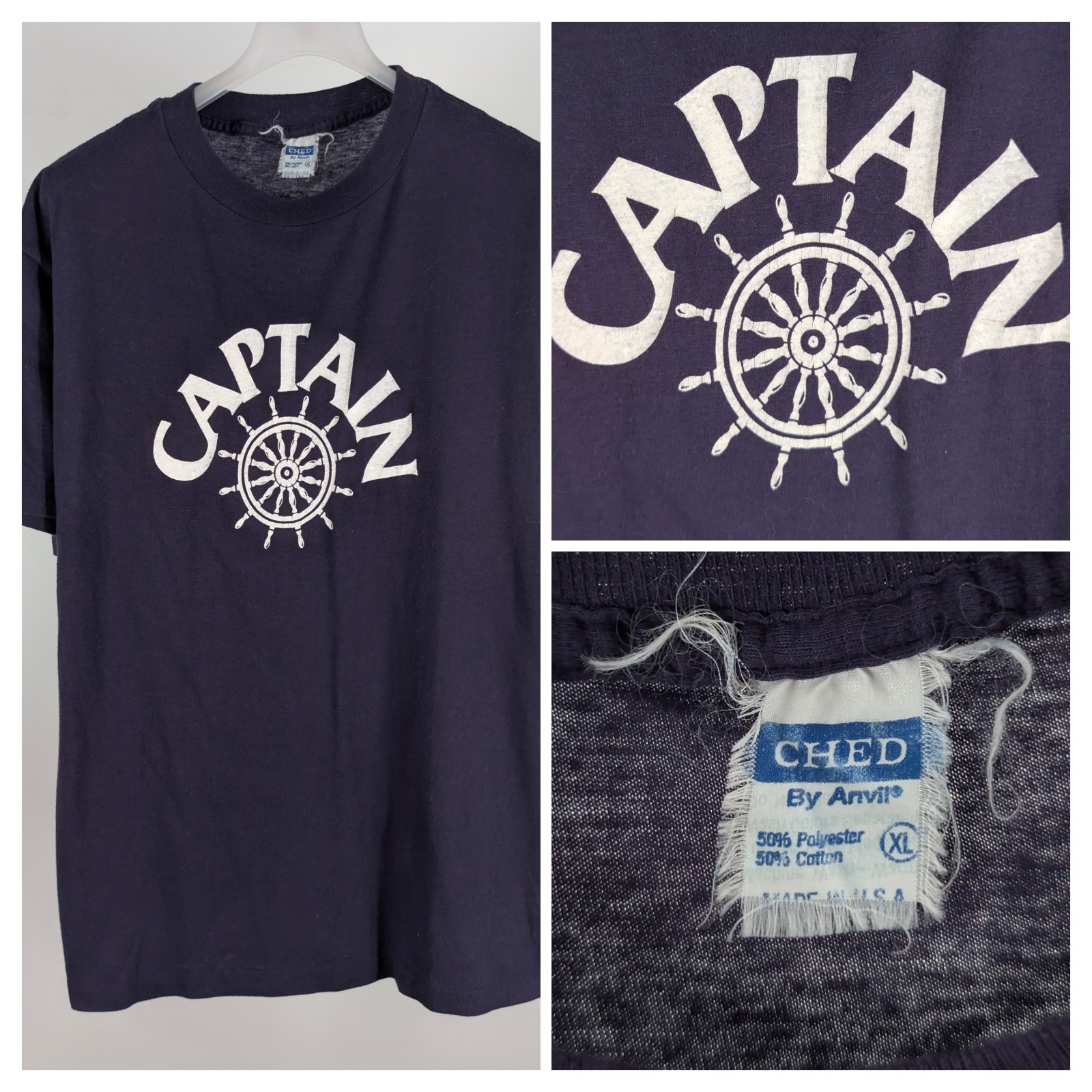 Vintage 70s 80s Ched By Anvil Captain Ships Wheel Nautical Tee Shirt Navy USA XL