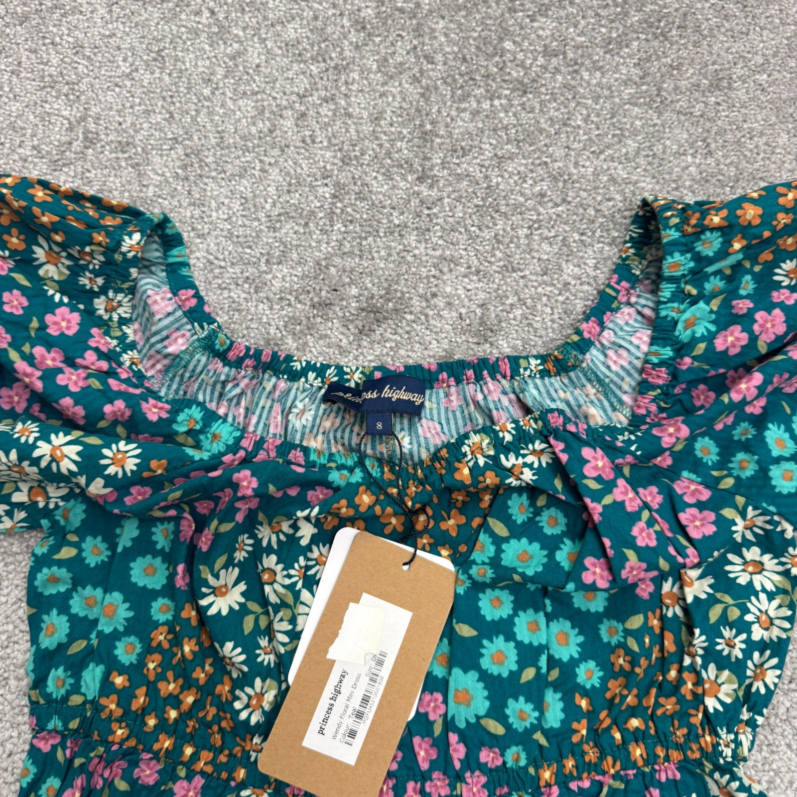 Princess Highway Teal Wendy Floral Mini Dress Womens 8 Blue Puff Sleeve Boho NWT