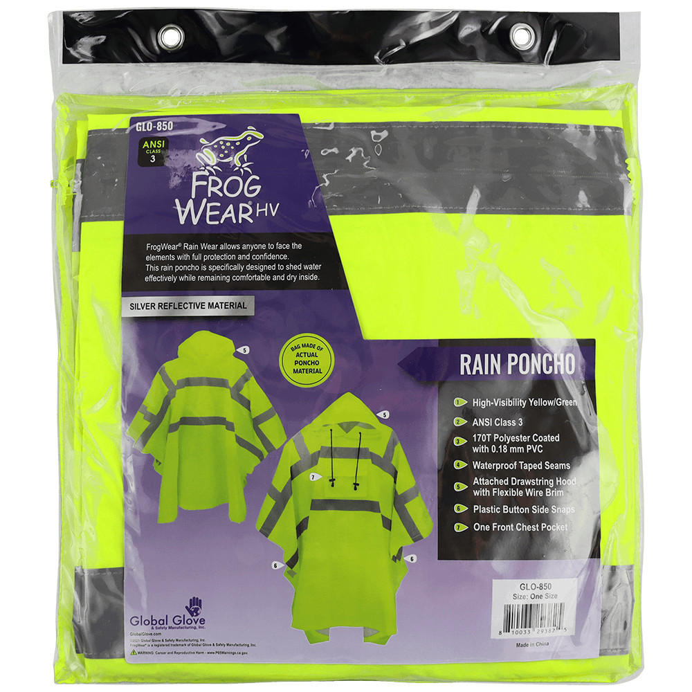 Yellow Safety Polyester Rain Poncho With Hoodie & Reflective Stripe One Size