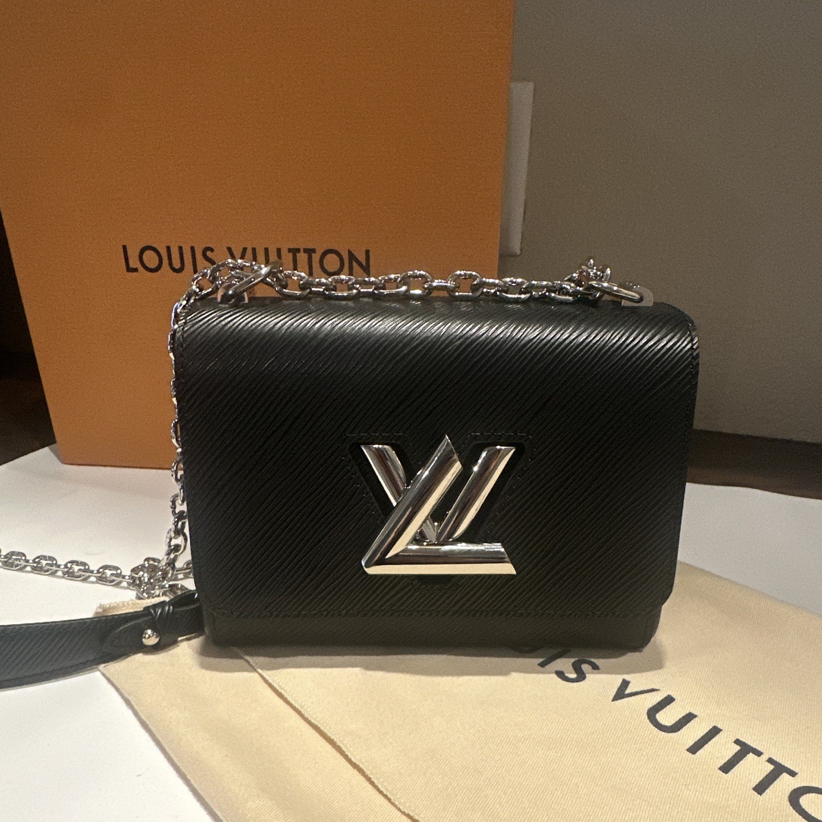 Louis Vuitton Black LV Logo Crossbody Bag Chain Strap Dust Bag Box